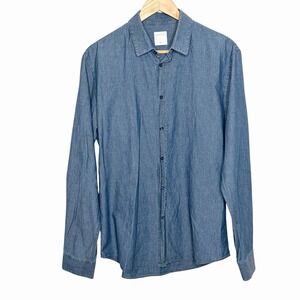 Sandro Chambray Button Up Shirt Blue Mens Size XL Long Sleeve Business Casual
